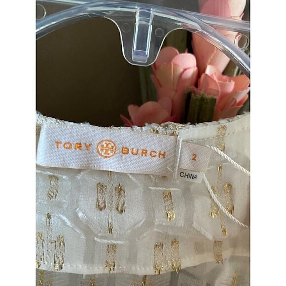 Tory Burch Jasmine Metallic Ruffle Dress 2 Piece with Slip size 2 Ivory & Gold - Picture 3 of 10